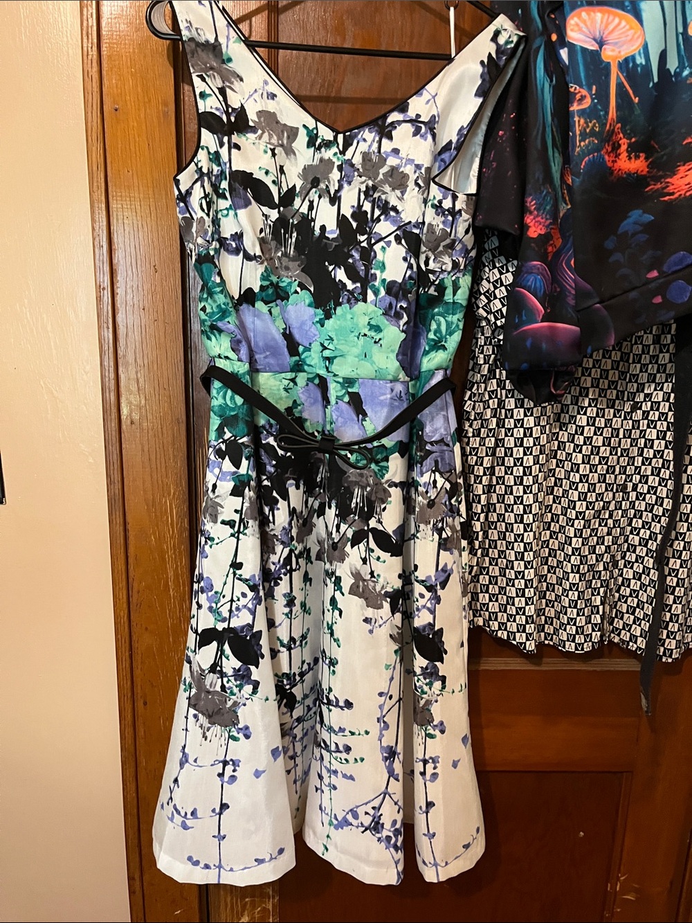 Floral V-Neck White Midi Dress with Teal & Lavender Bouquet